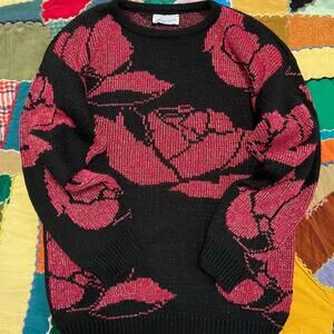 Vintage Lauren Pink/Black Floral Designed Sweater Medium/Large